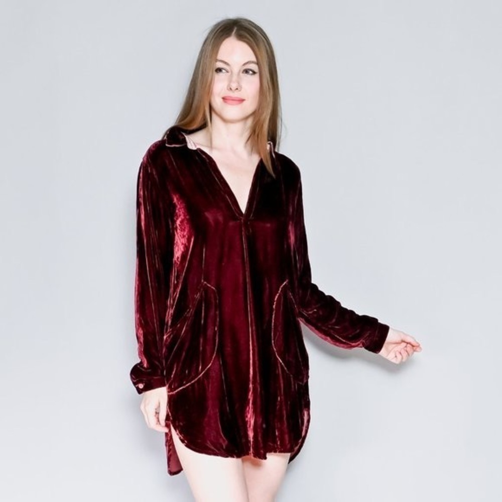 CP Shades / free people red maroon velvet tunic shirt long sleeve dress Xs